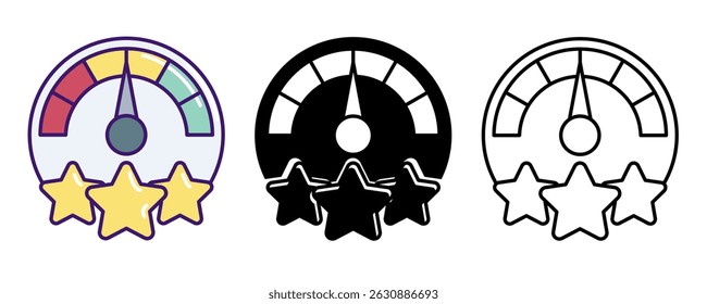 Rating System icon represented by speed meter, stars Line, Filled, Color style.