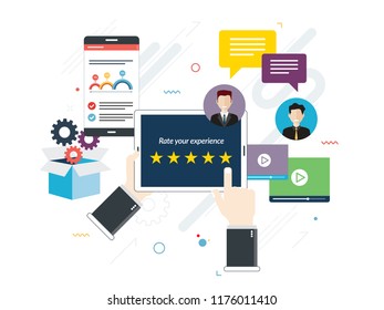 Rating system on tablet screen with stars. Feedback and qualification in chat, social media, marketing, video, market online, photos and email in flat design internet banner vector illustration. 