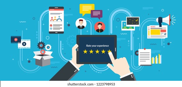 Rating system on tablet screen with stars. Feedback and qualification in chat, social media, marketing, video, market online, photos and email in flat design vector illustration.