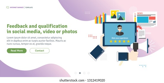 Rating system on tablet screen with stars. Feedback and qualification in chat, social media, marketing, photos and email in flat design for web banner or infographic in vector illustration.