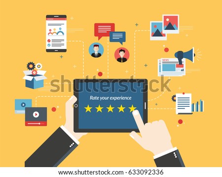 Rating system on tablet screen with stars. Feedback and qualification in chat, social media, marketing, video, market online, photos and email in flat design vector illustration.