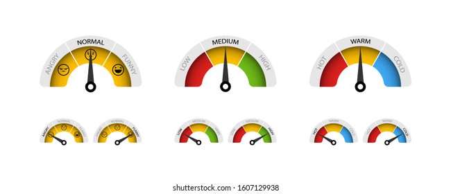 Rating Temperature, Customer Satisfaction and Emoticons. Collection Rating of different feedback, in view of Tachometer, Speedometer, Indicators. Angry, normal and funny emoticons. Vector Illustration