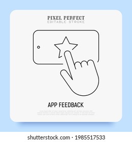 Bewertung von Thin-Line-Icon, Service-Feedback. Die menschliche Hand setzt Stern auf das Smartphone. Kundenzufriedenheit. Pixel perfekt, bearbeitbarer Strich. Vektorgrafik.