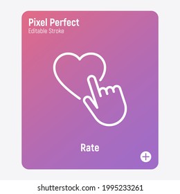 Bewertung von Thin-Line-Icon, Service-Feedback. Die menschliche Hand bringt das Herz. Kundenzufriedenheit. Pixel perfekt, bearbeitbarer Strich. Vektorgrafik.