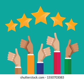 rating and thumb up concept, hands with thumb up and counting stars, vector illustration
