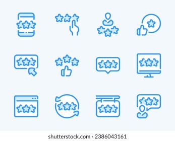 Rating vector line icons. Rank and Review outline icon set. Client Satisfaction, Social Ranking, Best Feedback, Rate from Mobile Phone, Website, Computer, Positive Opinion and more.