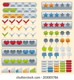 Rating voting icons set of stars check marks hearts isolated vector illustration