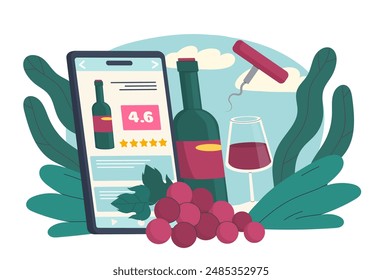 Rating for wine. Grapes and glass glass with alcoholic drink. Reviews of sommeliers and users on wine. Restaurant, pub or cafe. Flat vector illustration isolated on white background