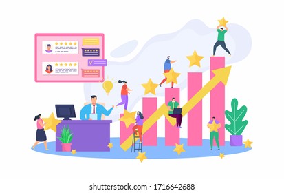 Rating at work, best employee vector illustration. success working, achievement best active workers. Chart with golden stars and company colleague, boss evaluate coworker character ideas.