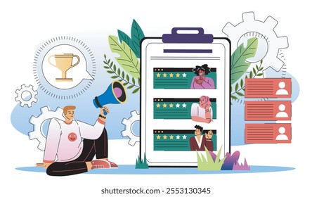 Calificación de los trabajadores. Hombre con altavoz cerca del teléfono inteligente con calificación de empleado. KPI y evaluación de los trabajadores. Gerente de Recursos Humanos con candidatos para vacantes. Ilustración vectorial plana aislada sobre fondo blanco