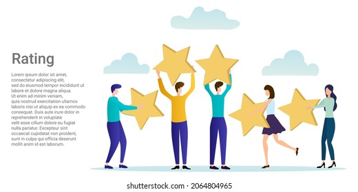 Rating.People with big stars in their hands evaluate the quality of applications and services.A business-style poster.Vector illustration.