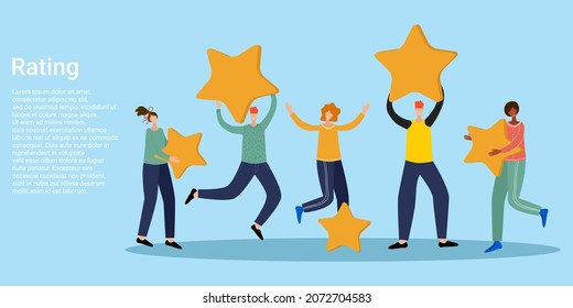 Rating.People are holding rating stars in their hands .A business-style poster.Vector illustration.