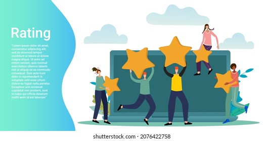 Rating.People on the background of a laptop are holding rating stars in their hands.The concept of evaluating the work of applications and business projects..Poster in business style.Flat vector 