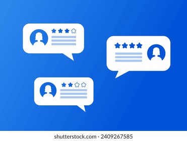 Ratings message bubble icons. Flat, blue, star rating, speech bubbles, silhouettes of people. Vector icons