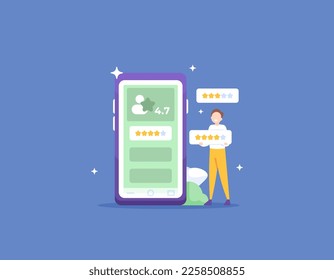 ratings and reviews. customer satisfaction levels. feedback. a customer or buyer gives a star on a mobile application on a smartphone. illustration concept design. vector elements