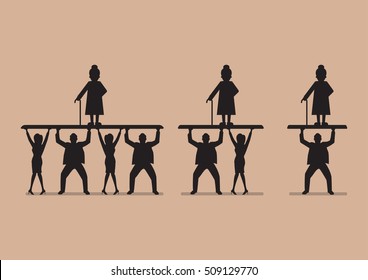 Ratio of Workers to Pensioners in silhouette. Aging population problem