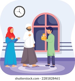 Ration Hamper Gift to Needy Family concept, Giving Help vector icon Design, Ramazan and Eid al-Fitr Symbol, Islamic and Muslims fasting Sign, Arabic holidays celebration stock illustration svg