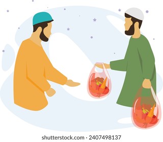 Ration Hamper Geschenk als Geschenk zur Unterstützung verdienten Person Konzept, bietet wesentliche Bestimmungen Vektordesign, Ramadan und Eid al-Fitr Symbol, islamische und Muslime Fasting Sign Arabic Feiertag