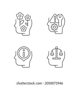 Rational and emotional mindset linear icons set. Positive attitude. Rationality. Self correction. Customizable thin line contour symbols. Isolated vector outline illustrations. Editable stroke