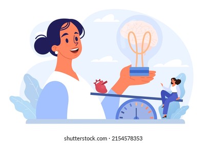 Rationalism. Logical and structural thinking. Mind behavior concept, heart vs mind idea, passion vs intellect. Personality balance. Flat vector illustration