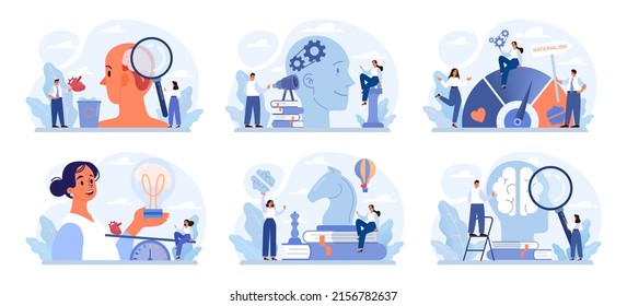 Rationalism set. Logical and structural thinking. Mind behavior concept, heart vs mind idea, passion vs intellect. Personality balance. Flat vector illustration