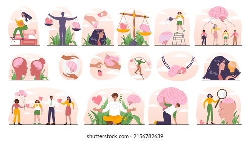 Rationalism set. Logical and structural thinking. Mind behavior concept, heart vs mind idea, passion vs intellect. Personality balance. Flat vector illustration