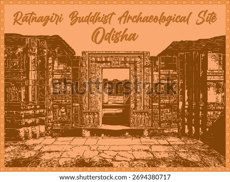 Ratnagiri's ancient Buddhist stupas and monasteries. Evokes serene spirituality amidst lush landscapes, highlighting Odisha's rich archaeological heritage. Perfect for travel and historical themes.
