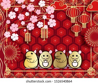 Rats 2020 Chinese New Year. 4 cute rats - number 2020, golden chinese lanterns, golden clouds, golden fireworks, beautiful flowers and chinese ornament on red background.