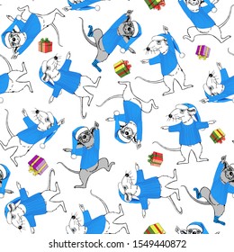 Rats in blue suits of Santa Claus and multi-colored gift boxes. New Year seamless pattern. Symbol of the year.