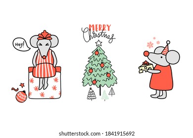 Rats cartoon character in Christmas theme and Christmas tree isolated On white background 