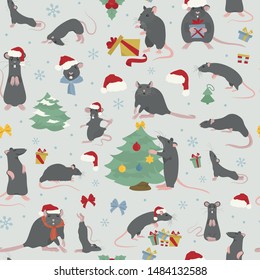 Rats christmas seamless pattern. Rat poses and exercises. Cute cartoon new year clipart set. Vector illustration