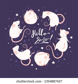 Rats in a circle and text hello 2020 colorful illustration