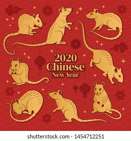 Rats collection. Vector illustration of golden rats silhouettes in various poses and actions. Isolated on red asian background.