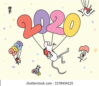 Rats are coming down carrying 2020 numbers like parachutes. 2020 New Year Greeting Card. hand drawn style vector design illustrations. 