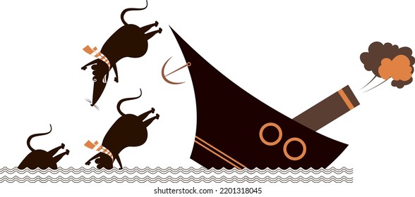 Rats desert a sinking ship. 
Cartoon rats in panic desert a sinking ship black on white background
