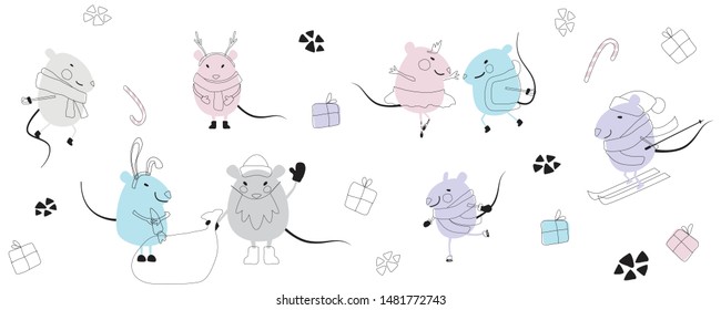 Rats in different poses and costumes against a white background. 