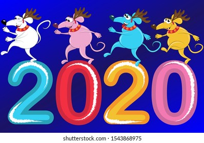Rats, the eastern symbol of the New Year, jump to 2020. Colored happy mice with deer horns celebrate the New Year.