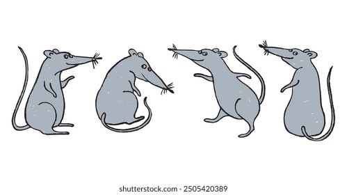 Rats gray, cartoon four animals, sly, funny rodents, hand drawn vector illustration isolated on white