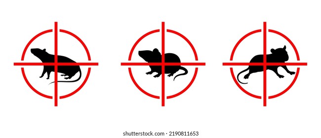 Rats icon. Pest control. Rodent extermination sign. Target logo for mouse poison. Kill gnawer. Red round shape crosshair aim. Black silhouette parasitic mammal. Vector animal mice stop symbols set