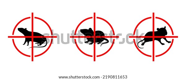 Rats icon. Pest control. Rodent extermination sign.\
Target logo for mouse poison. Kill gnawer. Red round shape\
crosshair aim. Black silhouette parasitic mammal. Vector animal\
mice stop symbols set