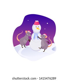 Rats make snowmqn. Symbol of New year. Christmas vector illustration, greeting card
