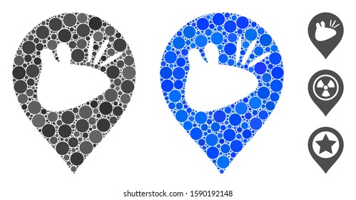 Rats marker composition of round dots in variable sizes and color hues, based on rats marker icon. Vector round dots are composed into blue illustration.