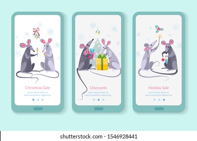 Rats mice cartoon characters set three vertical banners, Christmas cards new year symbol, 2020 cute little mouse, funny animals, rodents characters. Vector