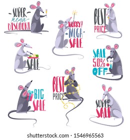 Rats mice cartoon sale emblems new year symbol, cute little mouse, funny animals, rodents characters, Christmas pathes. Vector collection