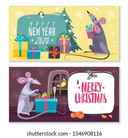 Rats mice characters horizontal banners, new year symbol, cute little mouse Christmas cards and prints. Vector