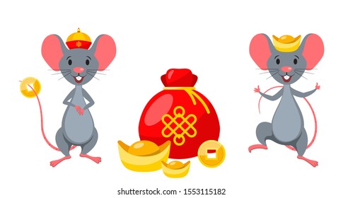 Rats (Mice) with Golden Ingot and Coins. Chinese Zodiac Lunar