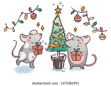 Rats or mics exchanging gifts under Christmas tree. Cute hand drawn vector character. 2020 year of the rat symbol