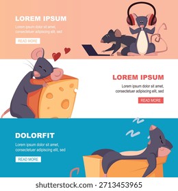 Ratten, Maus Zeichen Banner. süße graue Ratten mit Käse. Vektorkarikatur auf horizontalem Banner.