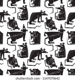 Rats and mouse seamless pattern. Background with cute rodents characters. Vector design element for textile, fabric, surfaces. Black and white pets fancy rats