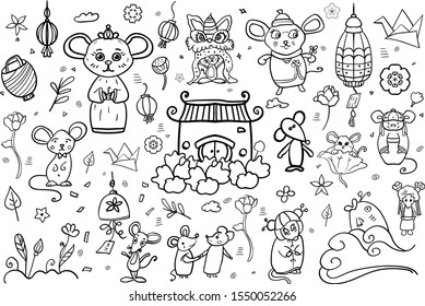 Rats or mouses coloring doodle, Happy Chinese New Year. Symbols Feng Shui: peony, carp, origami, paper lanterns, Vector Illustration in Cartoon style